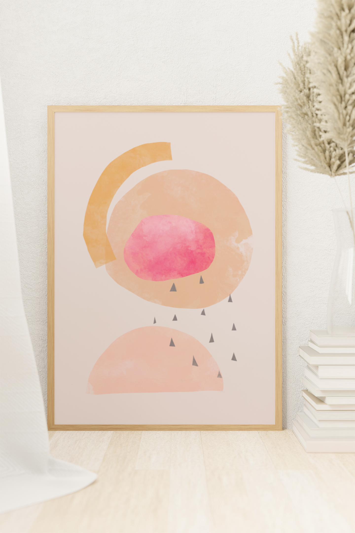 minimalistische moderne kunst poster afdruk art print roze oranje geel perzik beige in neutraal interieur 