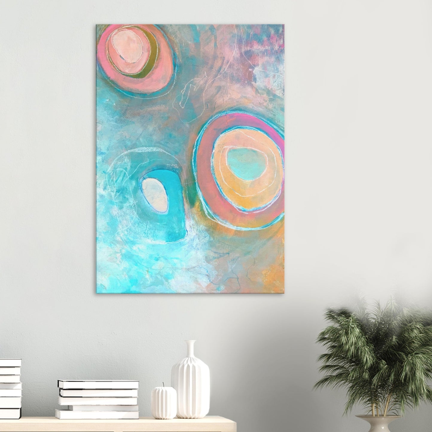 Kleurrijk modern abstract schilderij in blauw, roze en geel tinten