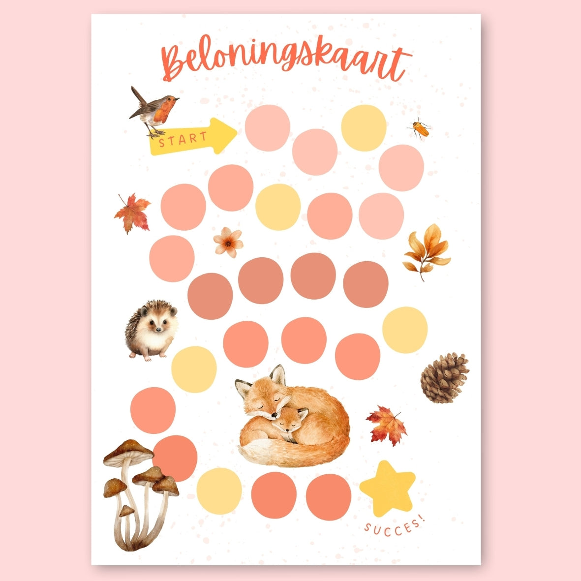 beloningskaart voor kinderen met herfst thema vos paddenstoelen egel roodborstje