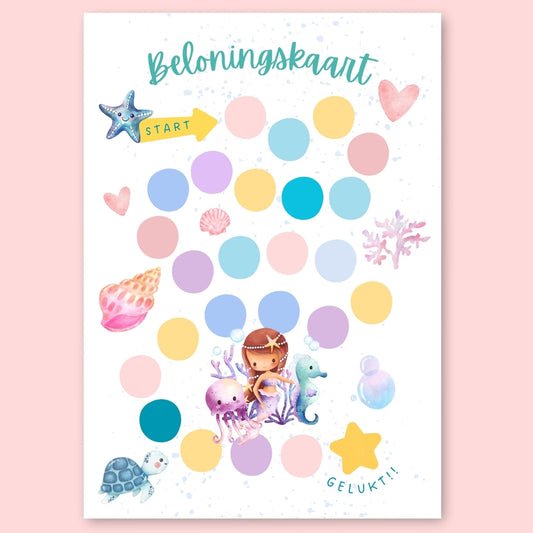 beloningskaart voor kinderen zeemeermin onderwater schelpen, zeepaardje, schildpad, zeester