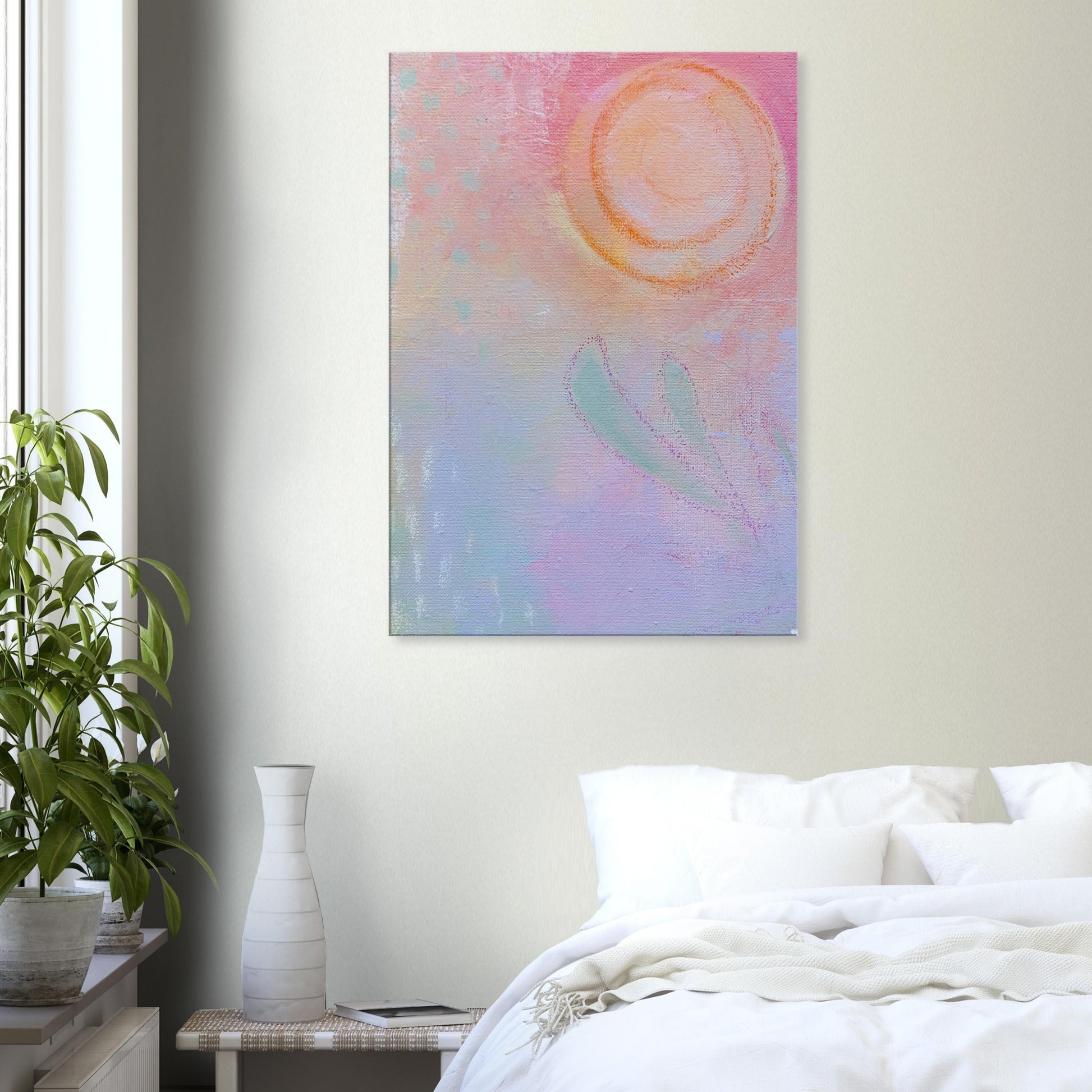 canvas kunstprint in pasteltinten slaapkamer in neutraal tinten styling