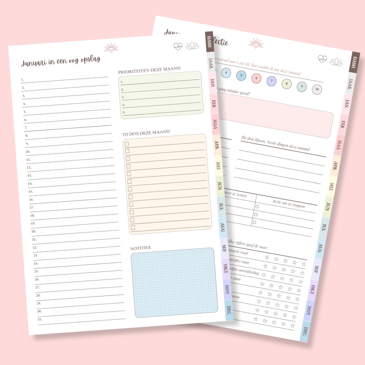 digitale jaar planner12 maanden zonder datum met zelfreflectie in pastelkleur
