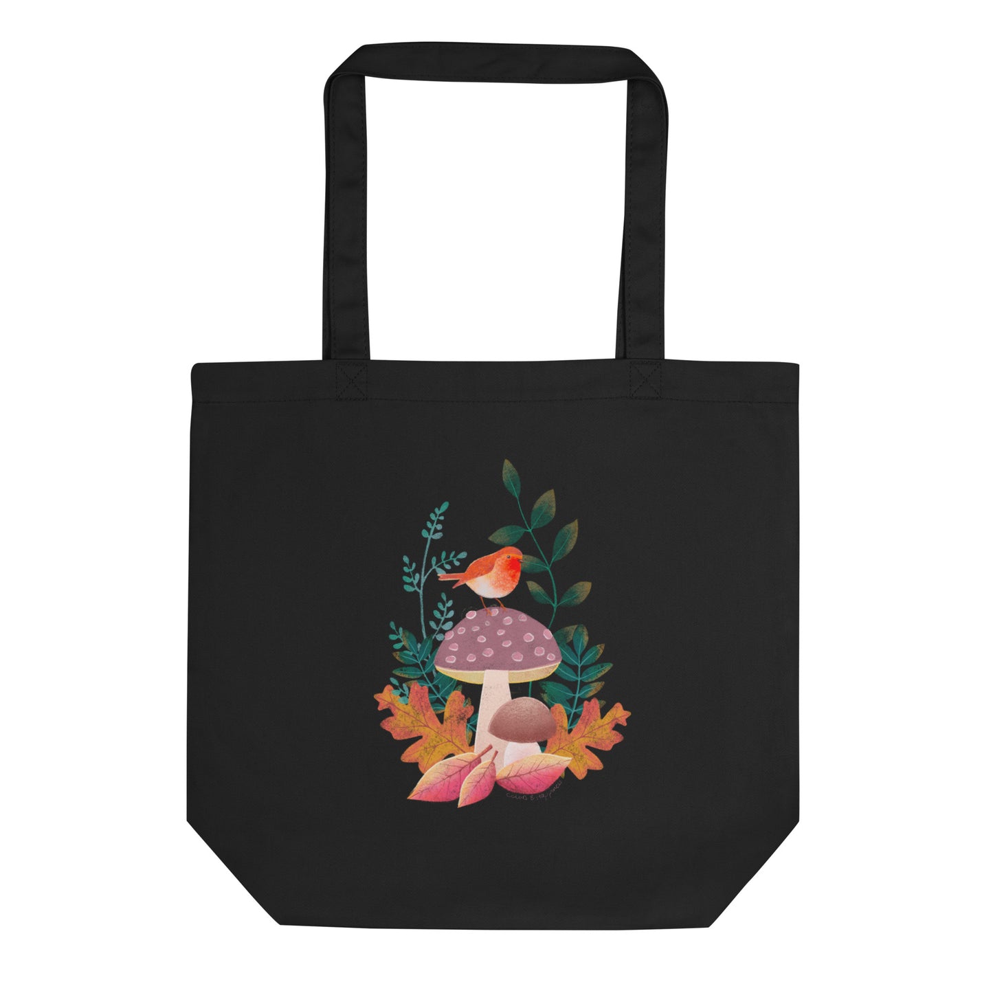 Eco stoffen tas met illustratie van een schattig roodborstje op een herfsttafereeltje