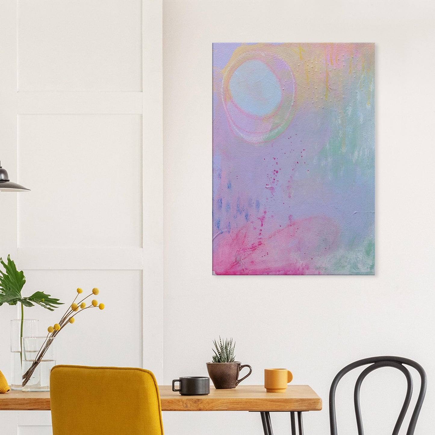 abstracte kleurrijke kunst heldere kleuren vrolijk licht kunstwerk op canvas geprint boven de eettafel