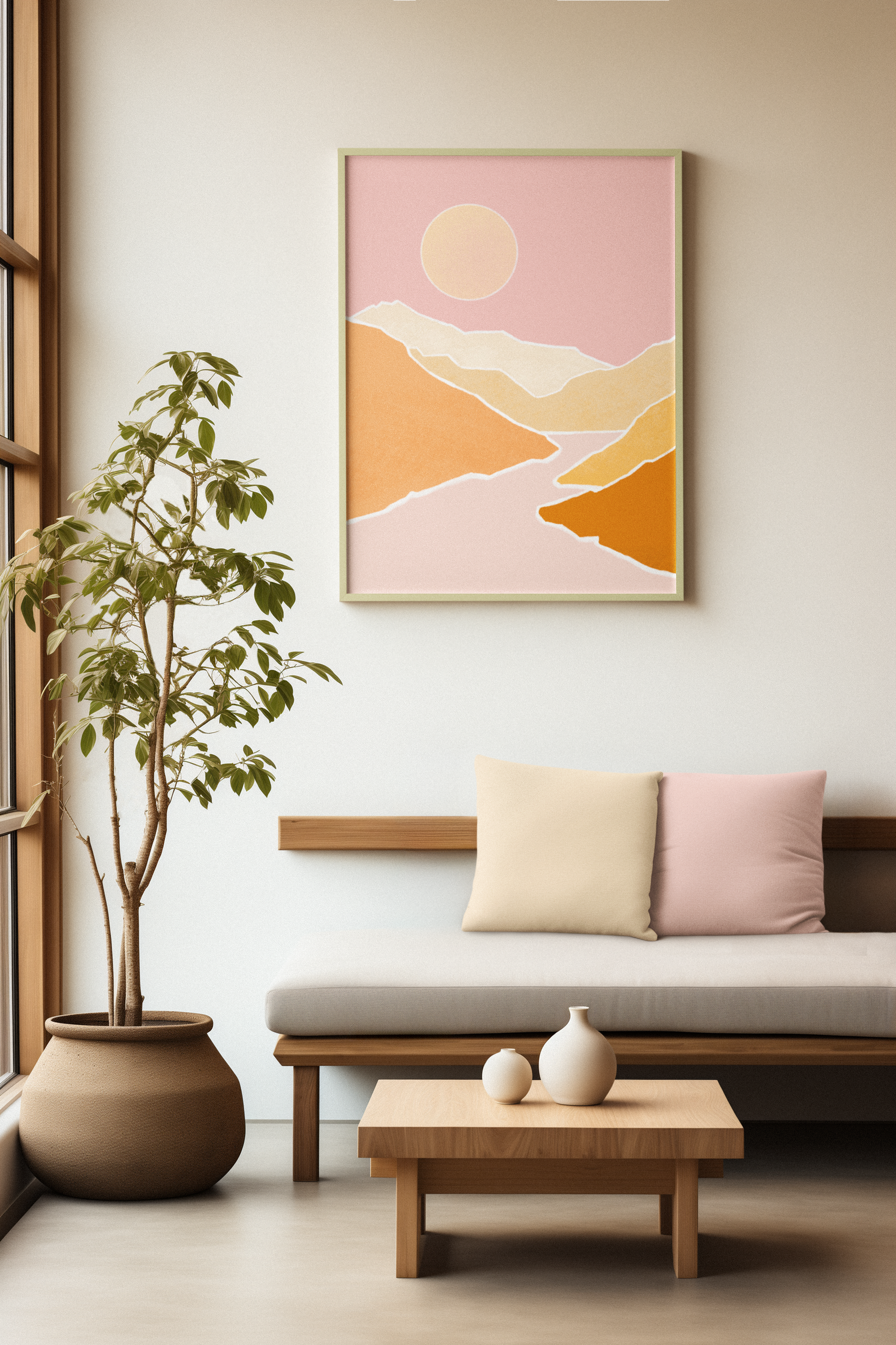 illustratie poster print oranje berglandschap met volle maan en rivier boven een neutrale bank met kussens in de woonkamer met plant en natuurlijke elementen