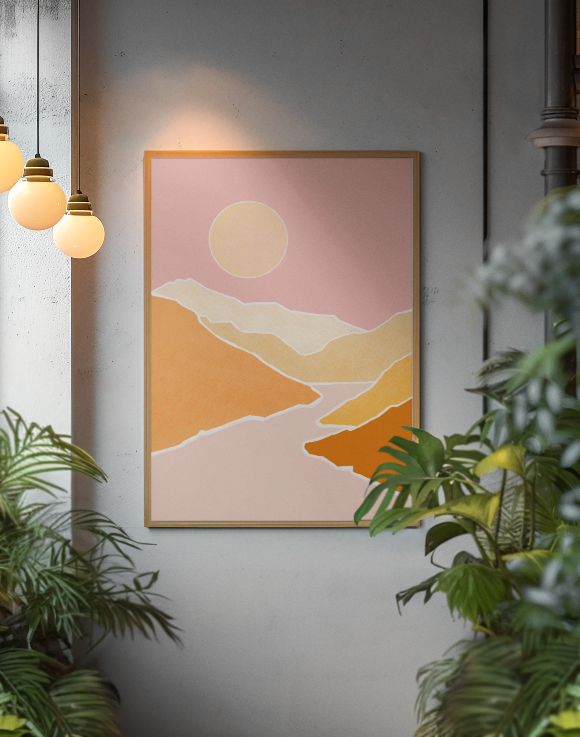 minimalistische poster art print berglandschap roze geel oranje volle maan illustratie in industrieel interieur styling met planten en groen 