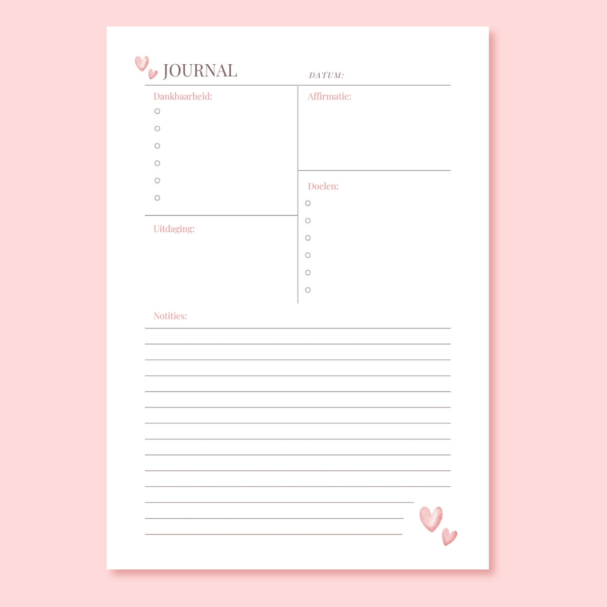 journal dagplanner printable voor overzicht affirmatie zelfreflectie doelen