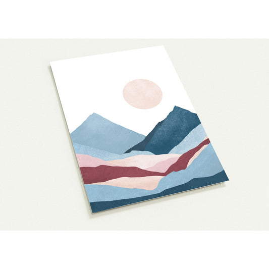 wenskaart illustratie landschap minimalistisch berglandschap volle maan blauw rood beige