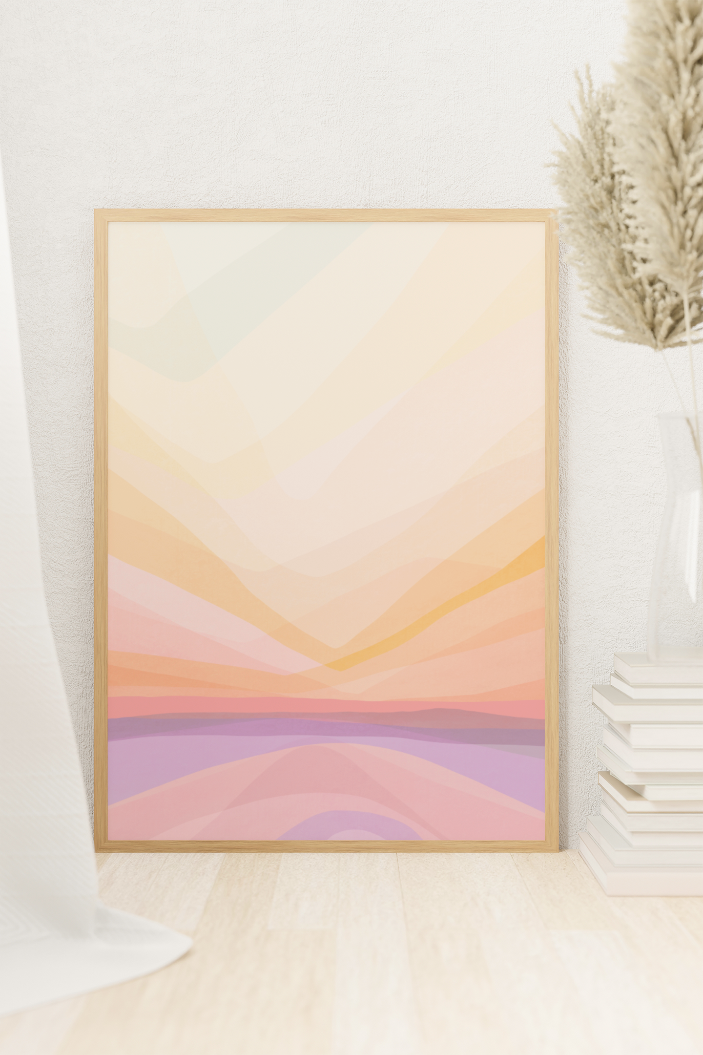 paars roze geel landschap gesluierd waldorf stijl poster print kunstwerk in pastel kleur in wit interieur neutraal en kleurrijk