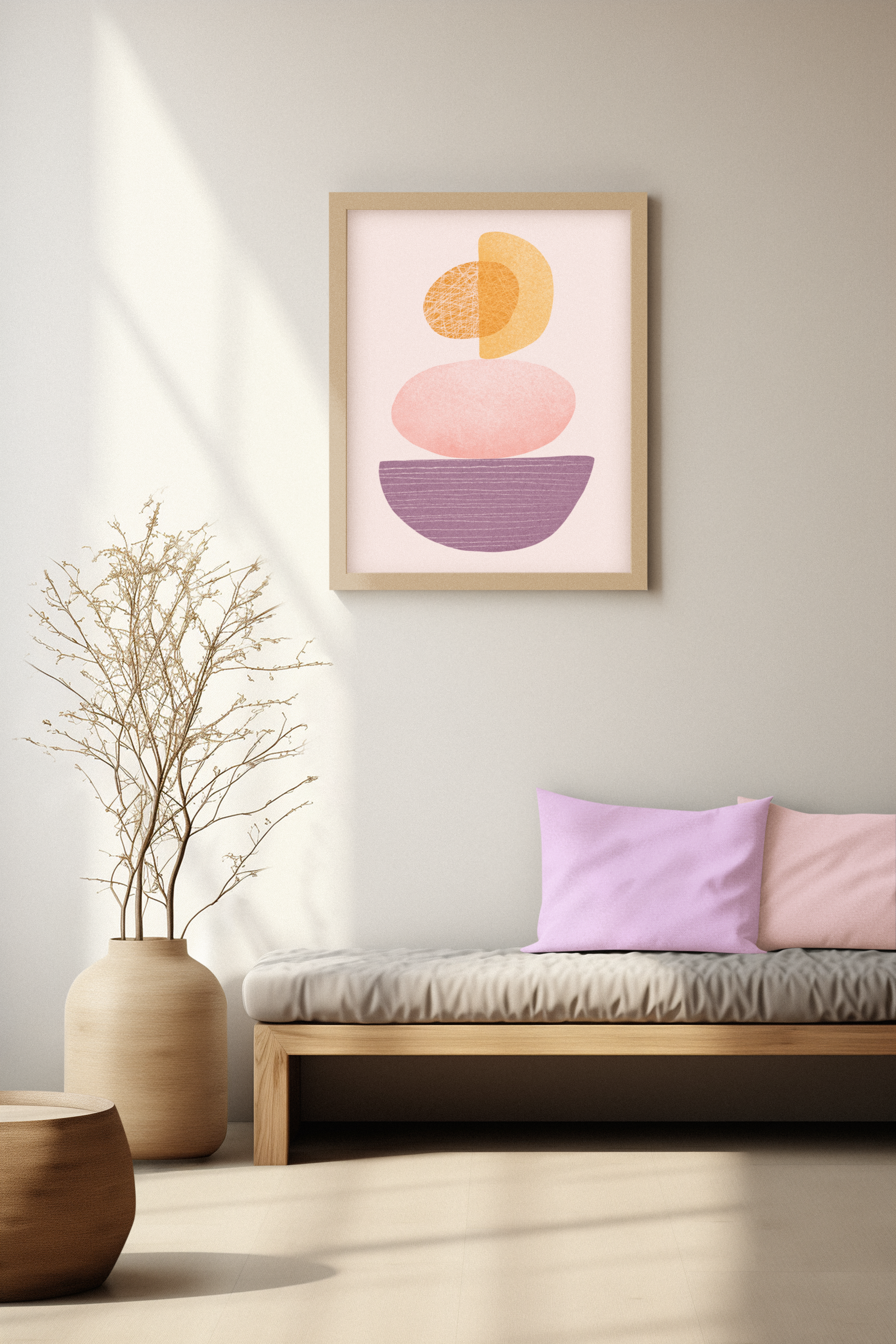 minimalistische kunst poster print in zachte pastelkleuren in een boho neutraal interieur met natuurlijke elementen en planten interieur 