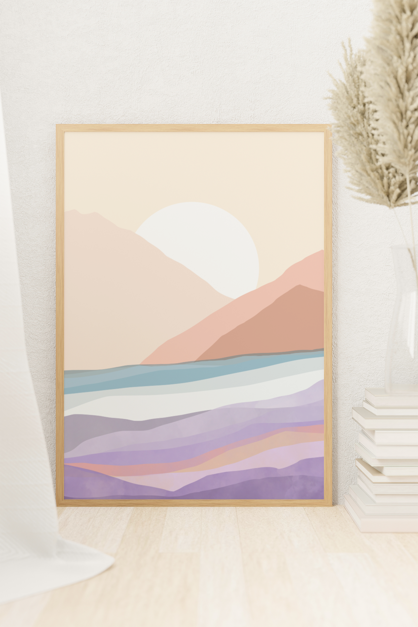 landschap illustratie kunst poster print beige paars blauw met zon volle maan in wit en beige interieur