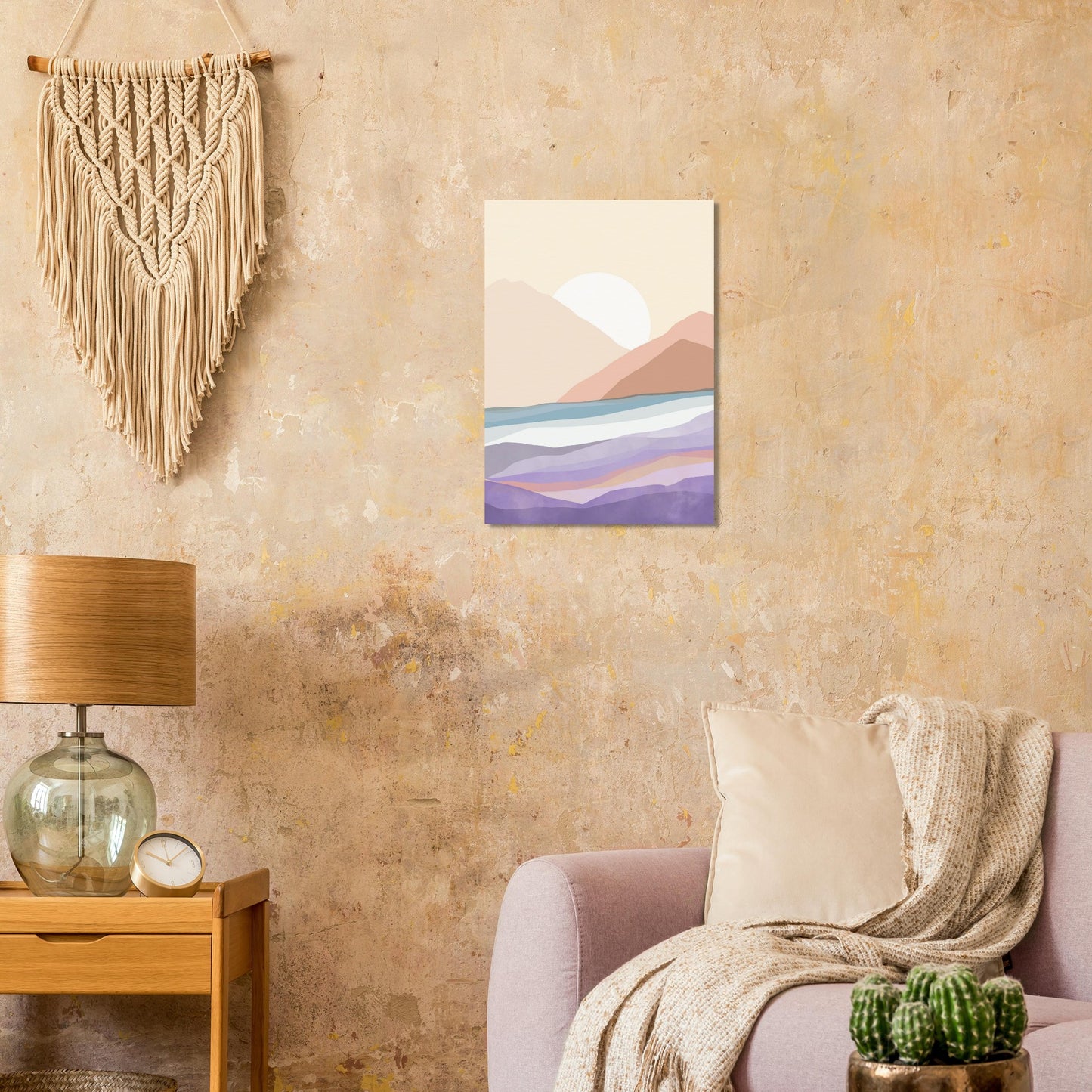 landschap illustratie kunst poster print beige paars blauw met zon volle maan in boho stijl  interieur in neutrale tinten in woonkamer boven de bank