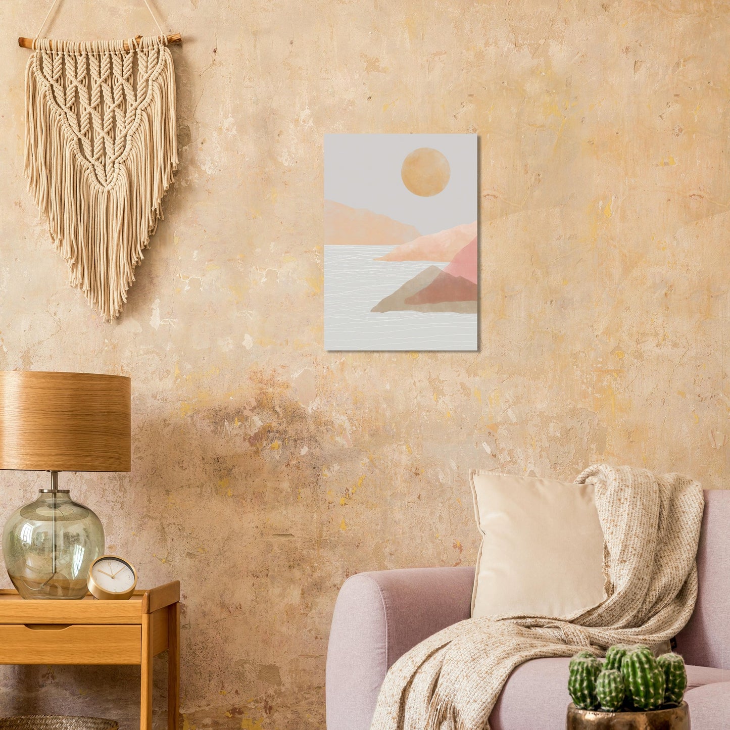 poster art print van landschap in neutrale pasteltinten met bergen de zon maan en de horizon in boho interieur met natuurlijke elementen