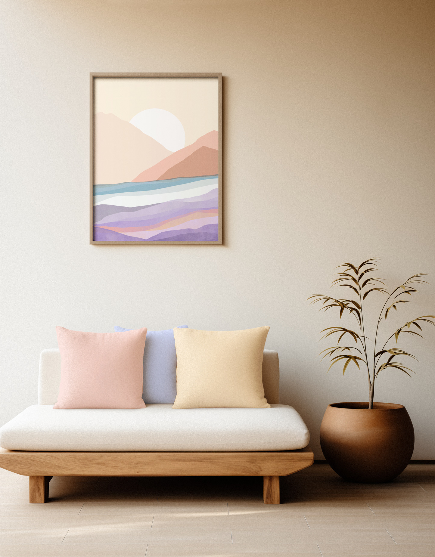 landschap illustratie kunst poster print beige paars blauw met ondergaande zon volle maan in boho stijl  interieur in neutrale tinten in woonkamer boven de bank wabi sabi interieur styling