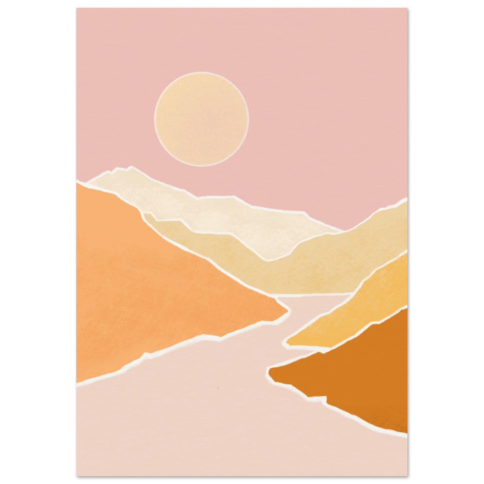 minimalistische poster art print berglandschap roze geel oranje volle maan illustratie