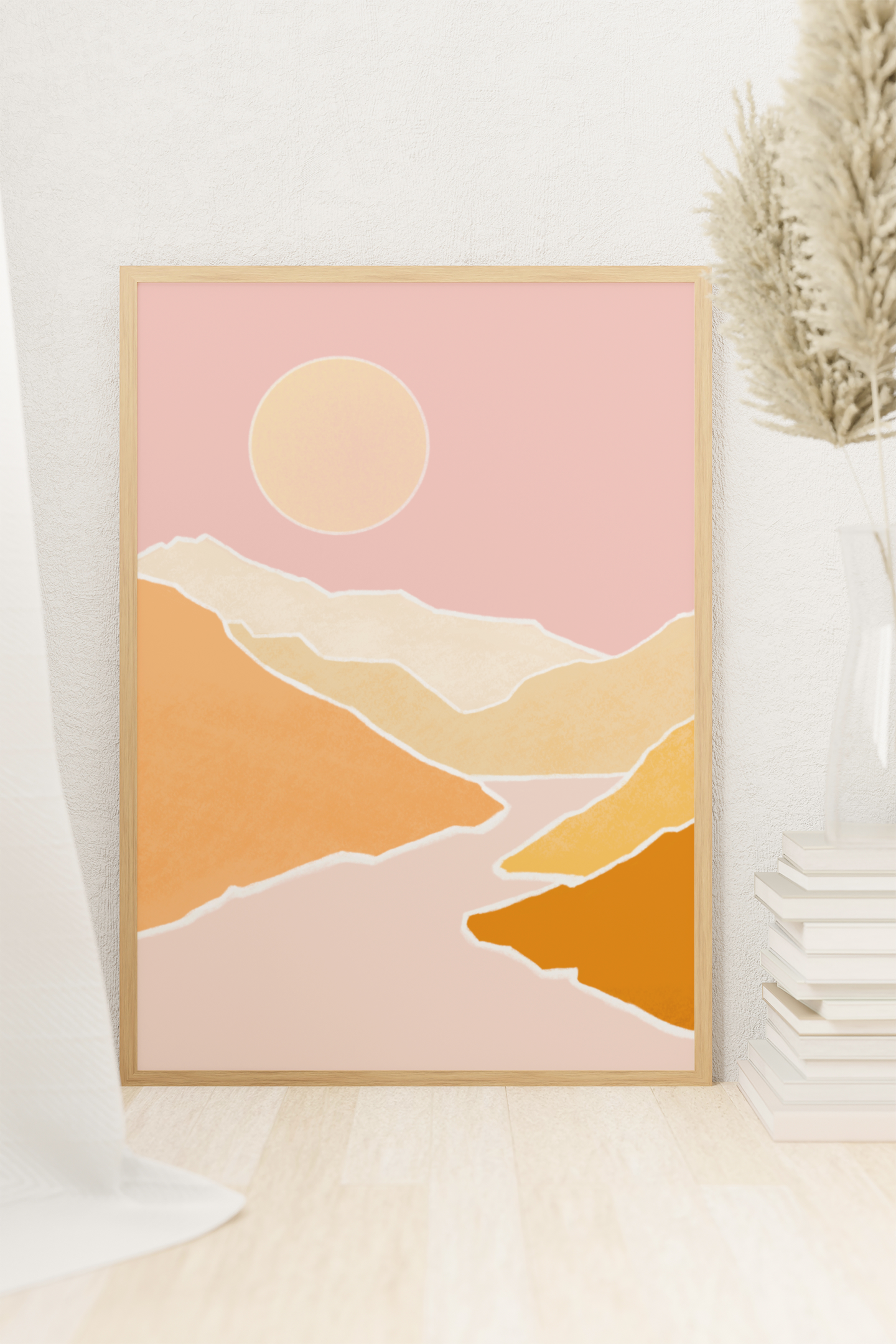 minimalistische poster art print berglandschap roze geel oranje volle maan illustratie in wit licht interieur 