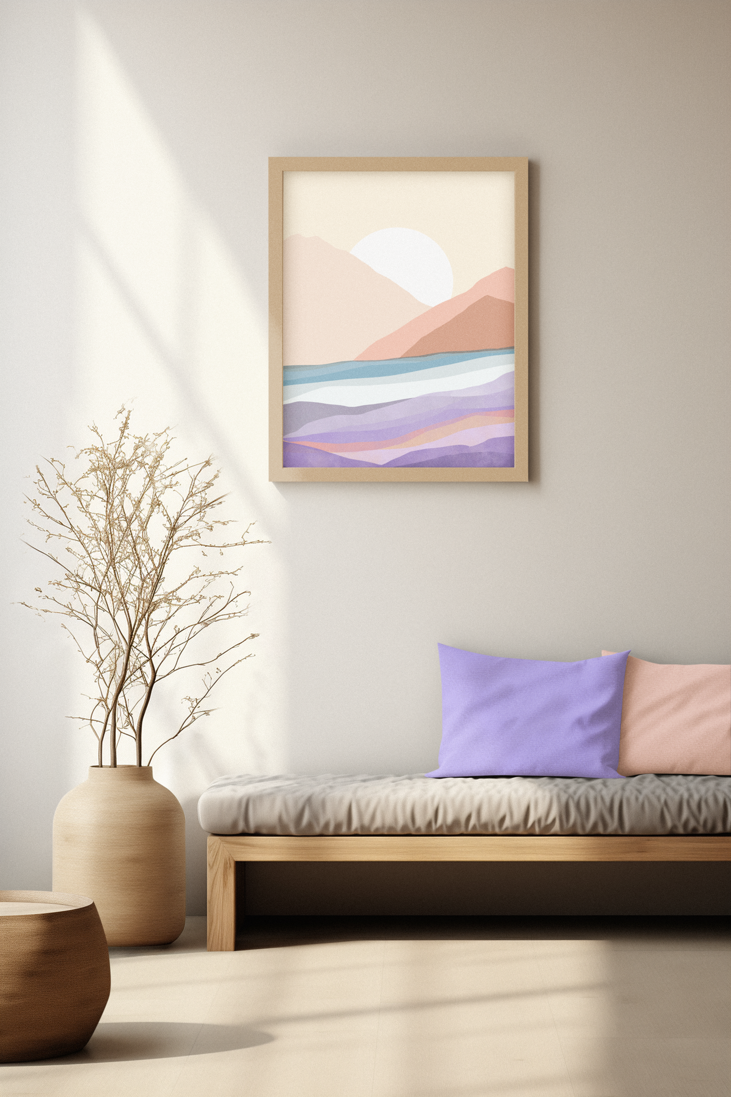 landschap illustratie kunst poster print beige paars blauw met zon volle maan in boho stijl  interieur in neutrale tinten in woonkamer boven de bank wabi sabi interieur styling