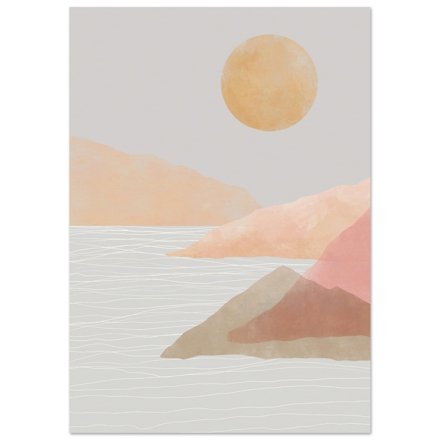 poster art print van landschap in neutrale pasteltinten met bergen de zon maan en de horizon