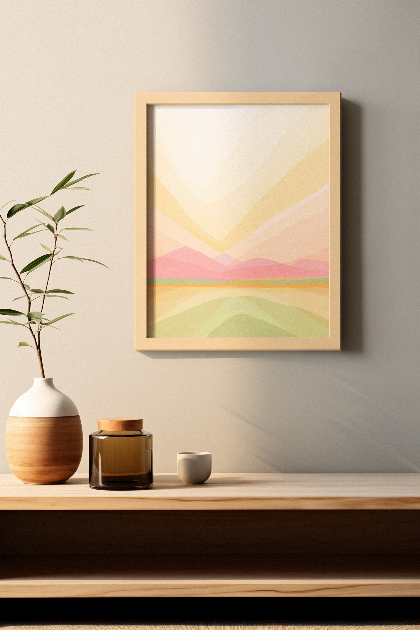 art print poster met landschap gesluierd waldorf stijl roze geel en groen rustgend zacht minimalistisch in natuurlijk interieur minimalistisch