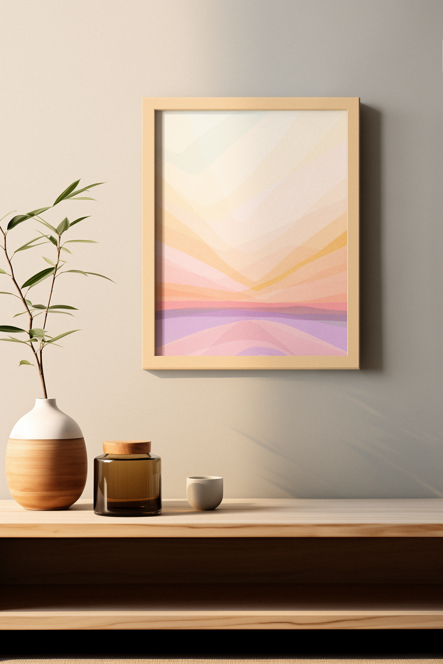 paars roze geel landschap gesluierd waldorf stijl poster print kunstwerk in pastel kleur minimalistisch interieur wabi sabi stijl