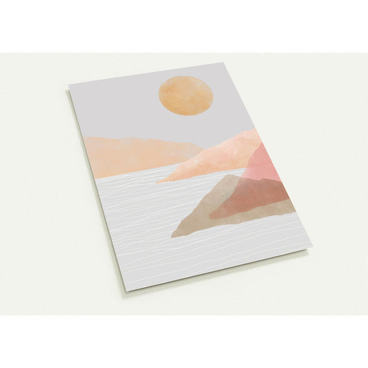 wenskaart illustratie landschap minimalistisch berglandschap volle maan beige roze oranje geel grijs lijnen