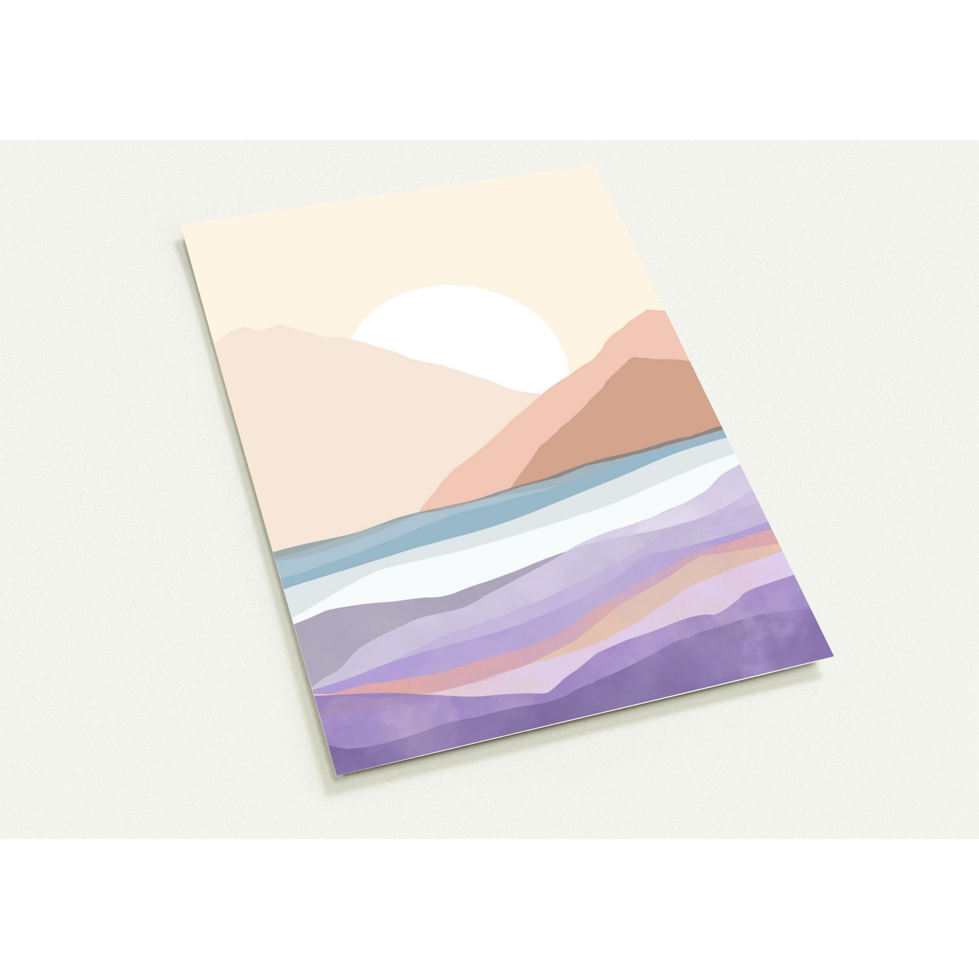 wenskaart illustratie landschap minimalistisch berglandschap volle maan beige geel grijs paars zee