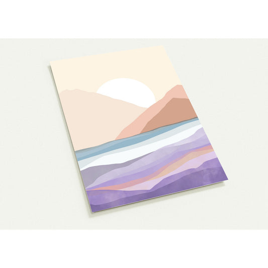 wenskaart illustratie landschap minimalistisch berglandschap volle maan beige geel grijs paars zee