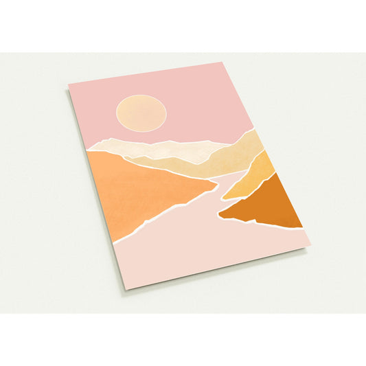 wenskaart illustratie kunst landschap minimalistisch berglandschap volle maan roze beige oranje